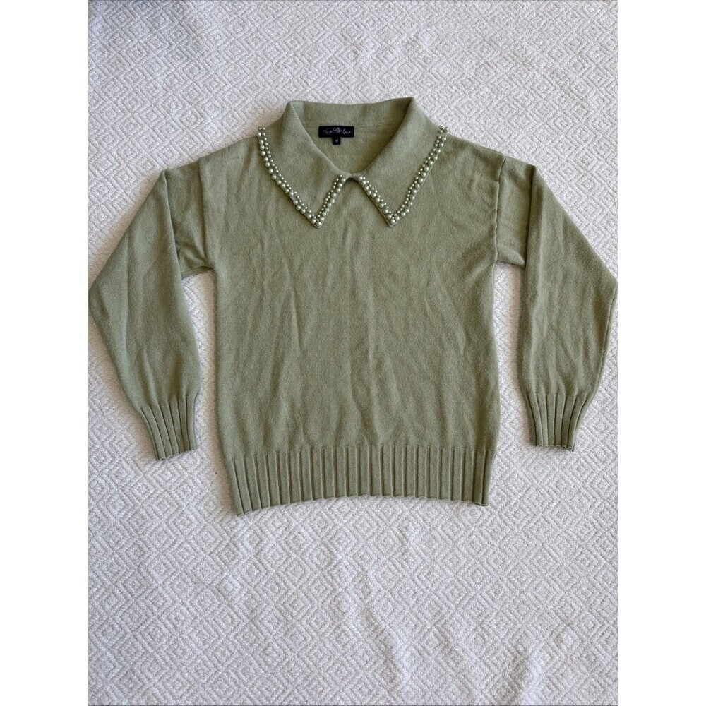 Twelfth Love Sweater Womens Light Green Ribbed Knit Pearl Collar Winter Sz M